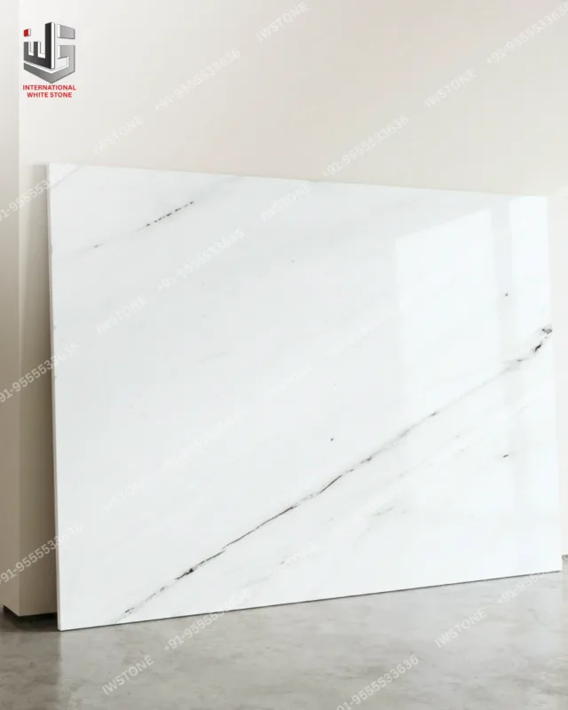 Authentic Bianco Lasa marble flooring in luxury living room interior