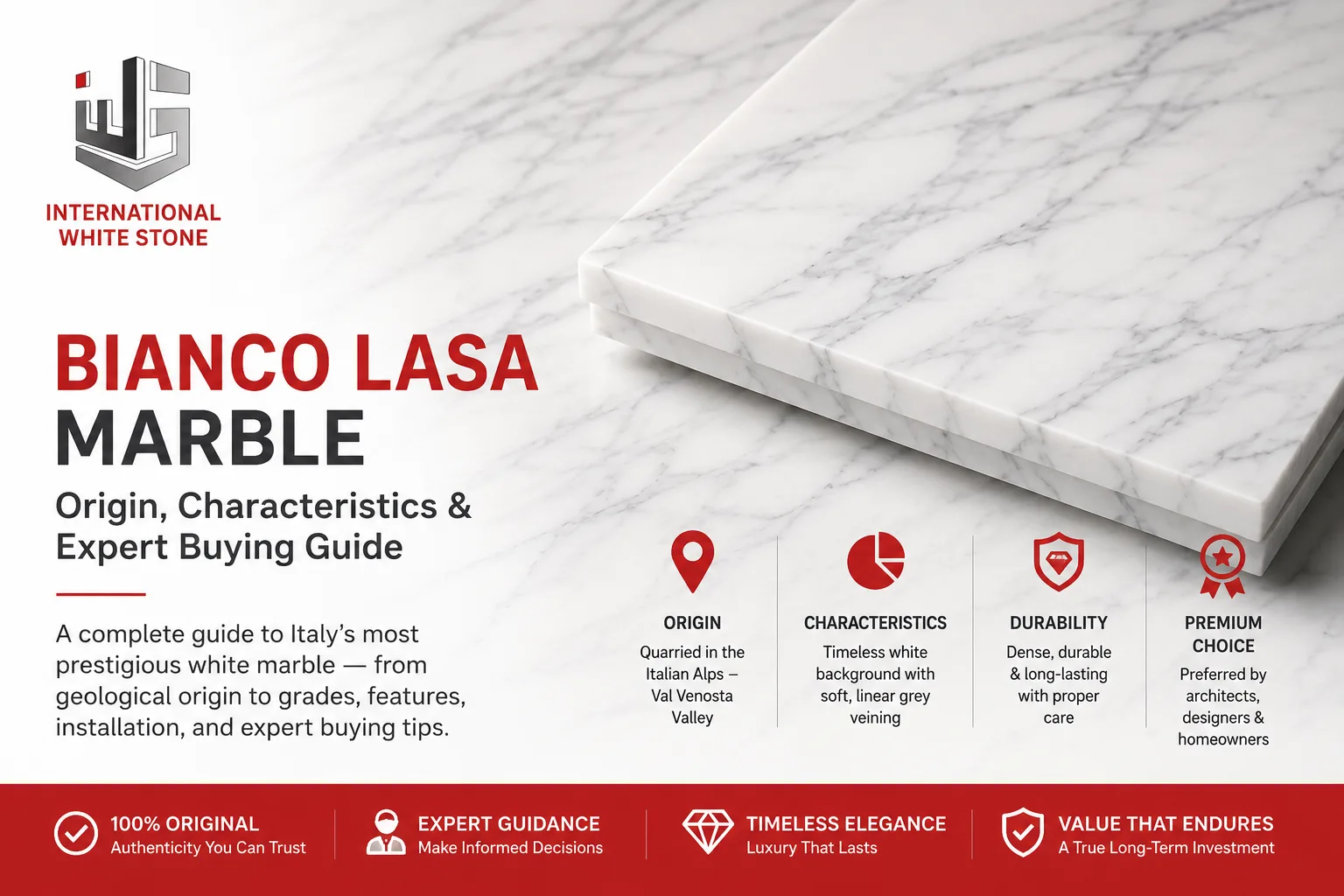 Different grades of Bianco Lasa marble including Oro Gretto and Blu-Gretto varieties